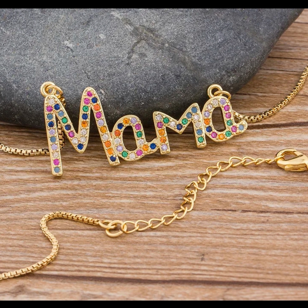 Mom Rainbow Colored Pave CZ crystal NecklaceMama mother's day gift